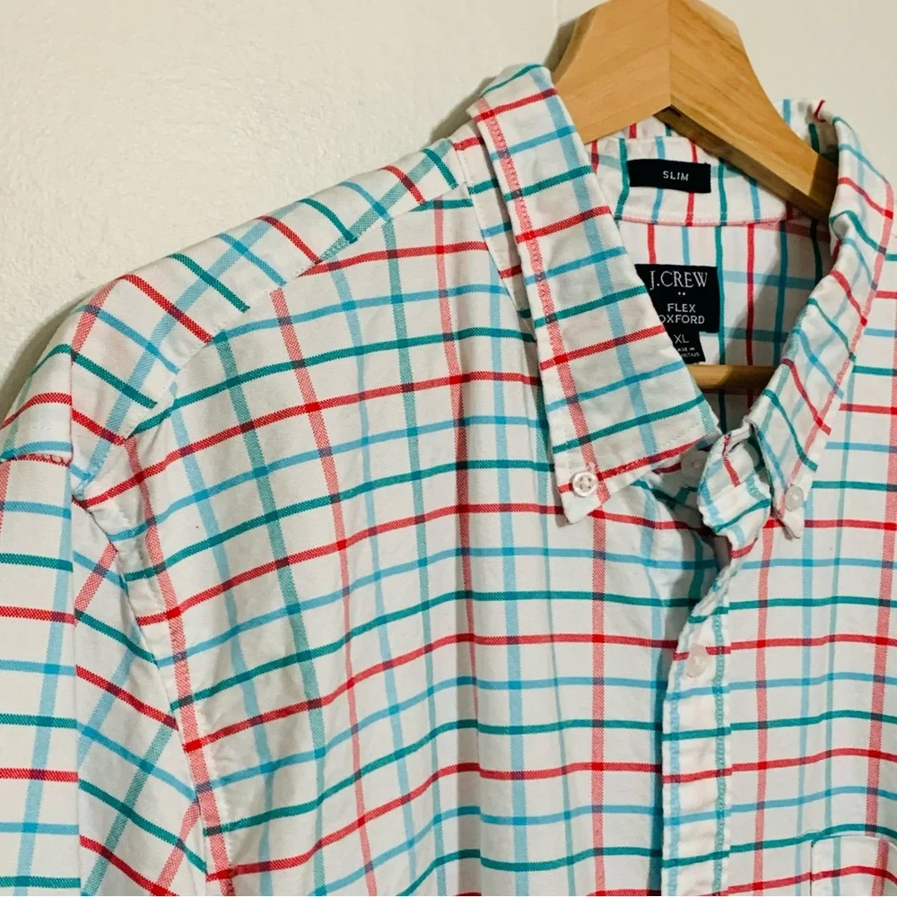 J. Crew Mens Flex Long Sleeve Oxford Checkered Button Up Shirt Size XL Slim Fit
